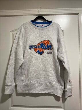 Champion Space Jam Crewneck Sweatshirt - Light Gray with Blue & Orange Logo